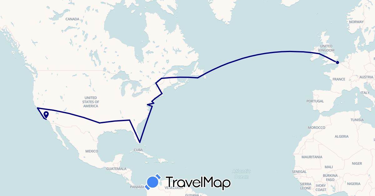 TravelMap itinerary: driving in Canada, United Kingdom, Ireland, Saint Pierre and Miquelon, United States (Europe, North America)