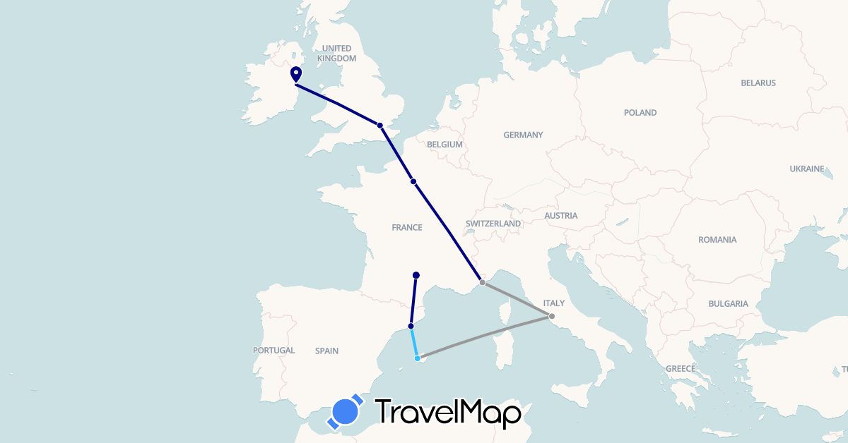 TravelMap itinerary: driving, plane, boat in Spain, France, United Kingdom, Ireland, Italy (Europe)