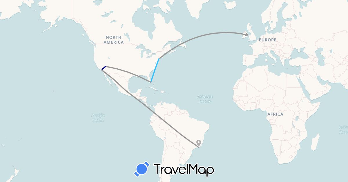 TravelMap itinerary: driving, plane, boat in Brazil, Ireland, United States (Europe, North America, South America)